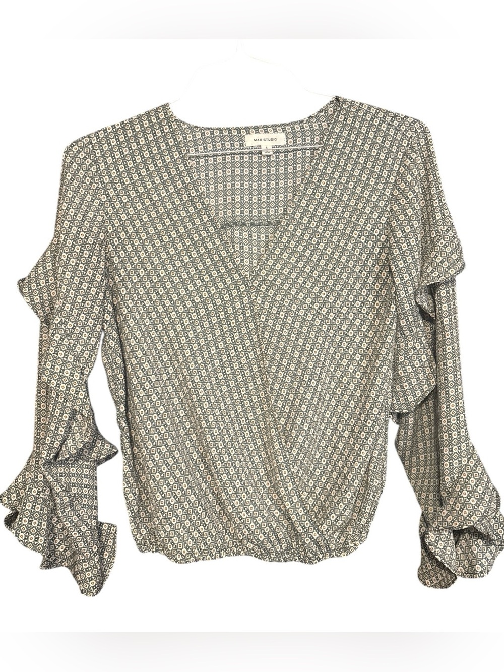 Max Studio Geometric Printed Ruffle-Sleeve Wrap Blouse